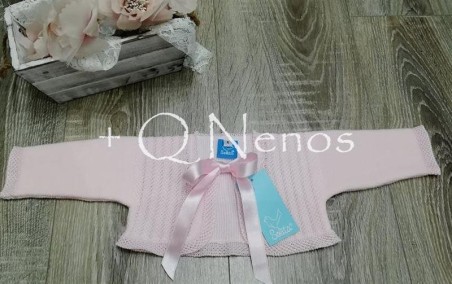 Chaqueta Bautizo Punto Solita  Lazo Rosa S5804