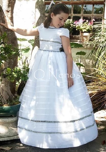 Vestido Comunión Clásico Organdí Suizo Mamen Blanco/Gris MC1139