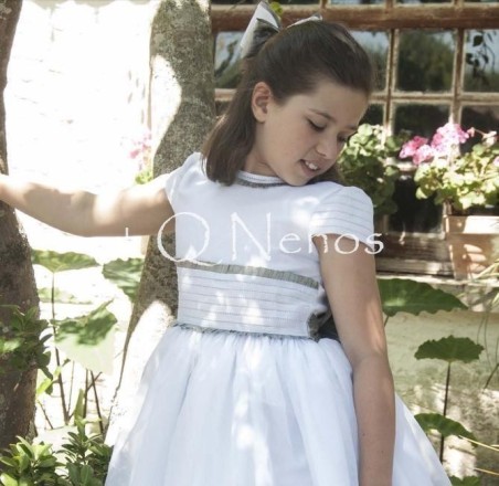 Vestido Comunión Clásico Organdí Suizo Mamen Blanco/Gris MC1139