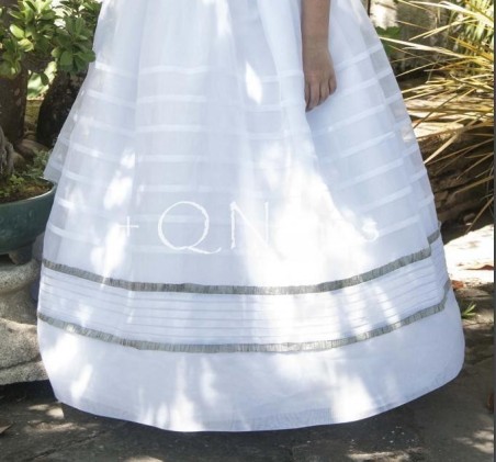 Vestido Comunión Clásico Organdí Suizo Mamen Blanco/Gris MC1139